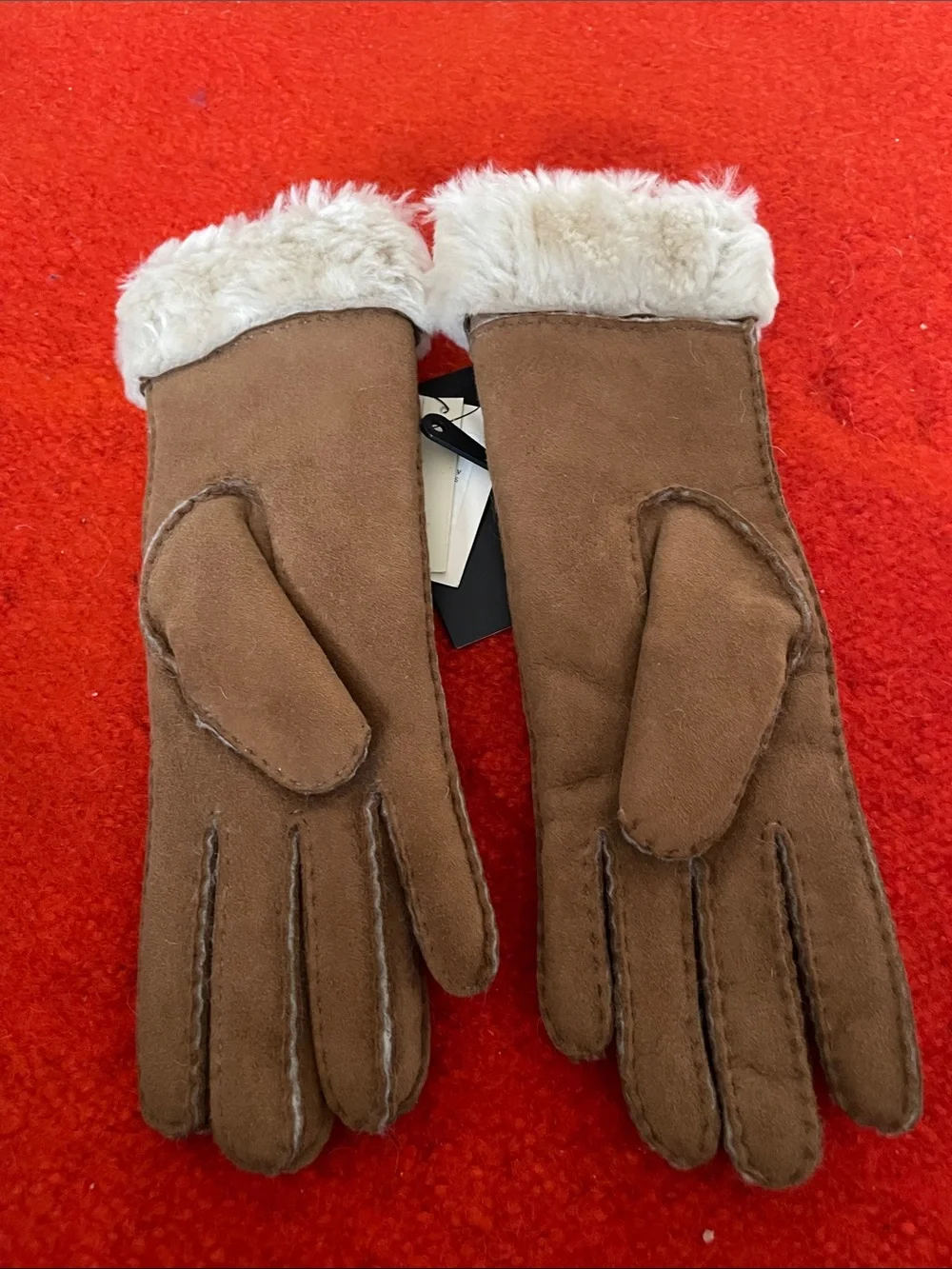 UGG Brown Suede Shearling-Trim Gloves with Cream Cuff Size Small